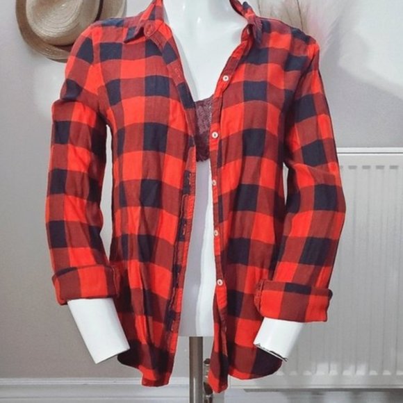 Aerie Soft Red + Black Plaid Cotton Shirt- S - Picture 1 of 16